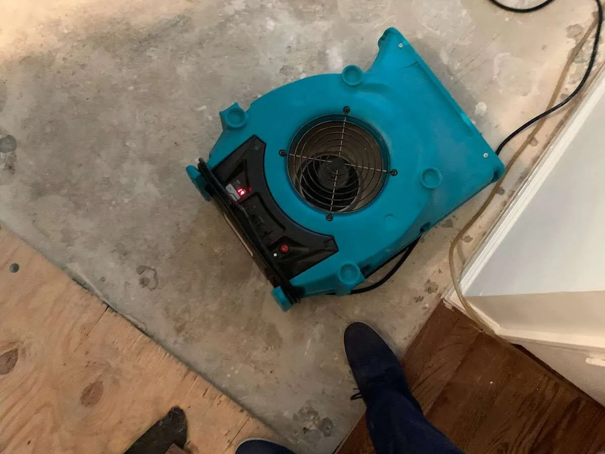 Air mover drying subfloor during Commercial Water Damage Restoration in Alderwood Manor